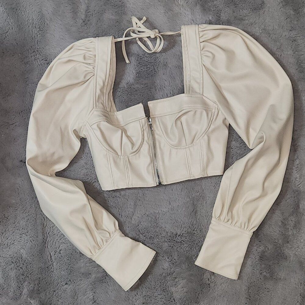 NEW Akira Faux Leather Crop Top/Jacket- Ivory Size S - Picture 5 of 8